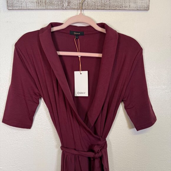 NWT Quince Tencel Jersey Midi Wrap Dress Wine Basic Sleeved Small Classic - Picture 4 of 13